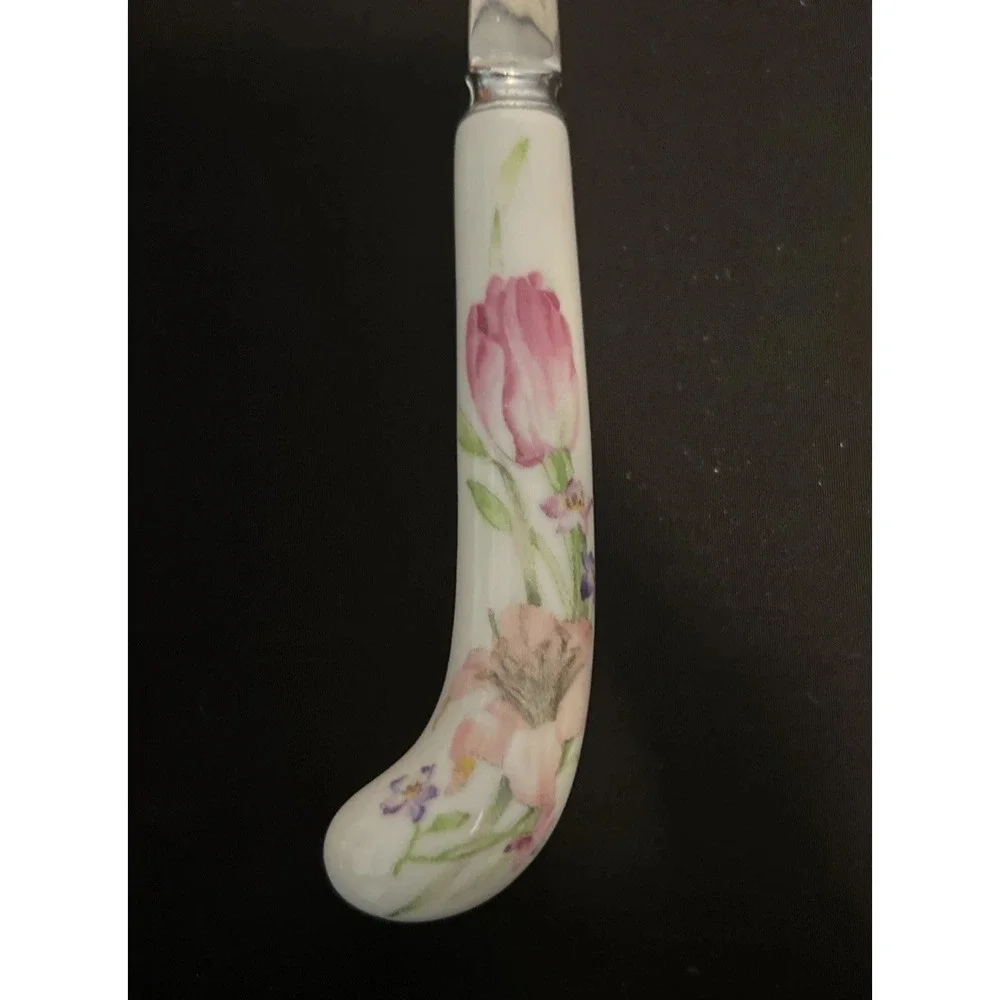 Vintage Ceramic Handle w/  Floral‎ Design 11 inches Silver Salad Server